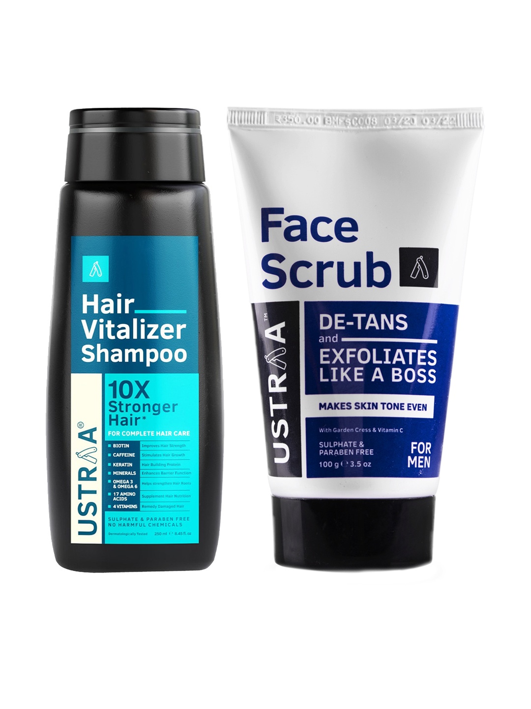 

Ustraa Set of Vitalizer Shampoo 250 ml & De-Tan Face Scrub 100 g, Blue