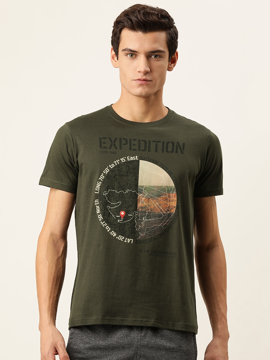 

Proline Active Men Olive Green Graphic Printed Pure Cotton Casual T-shirt