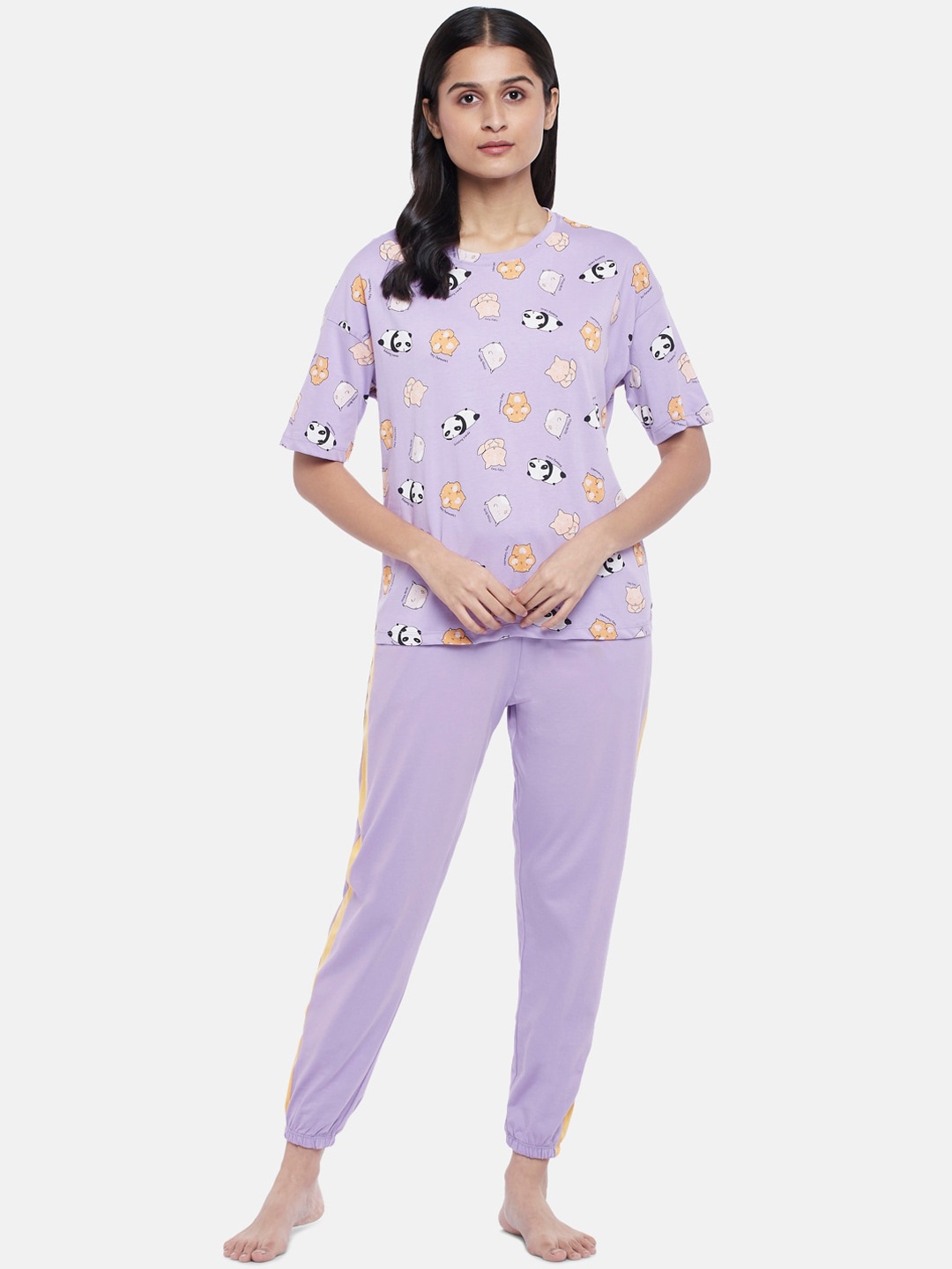 

Dreamz by Pantaloons Women Lavender & White Pure Cotton Night suit