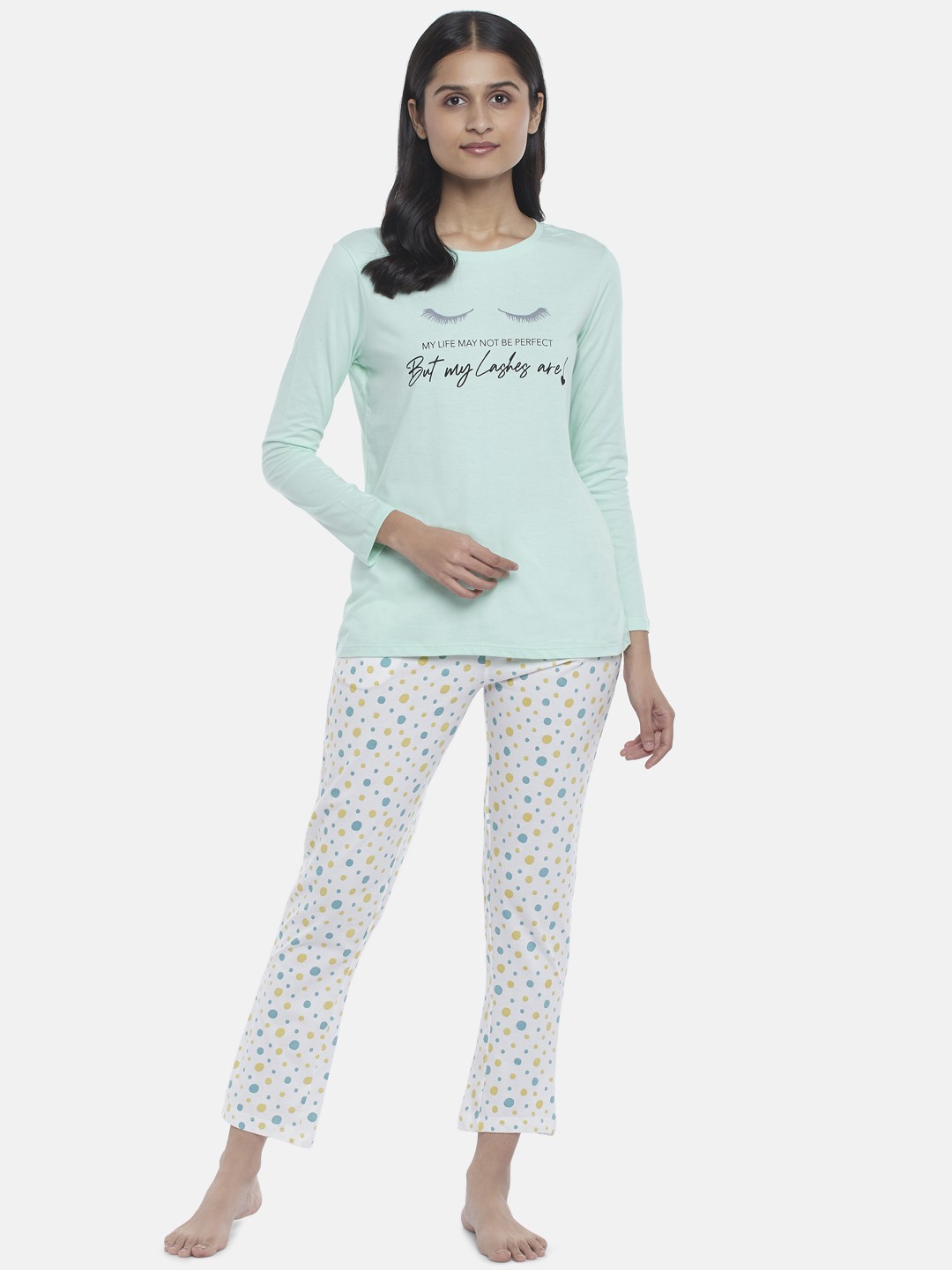 

Dreamz by Pantaloons Women Sea Green & Black Printed Pure Cotton Night suit