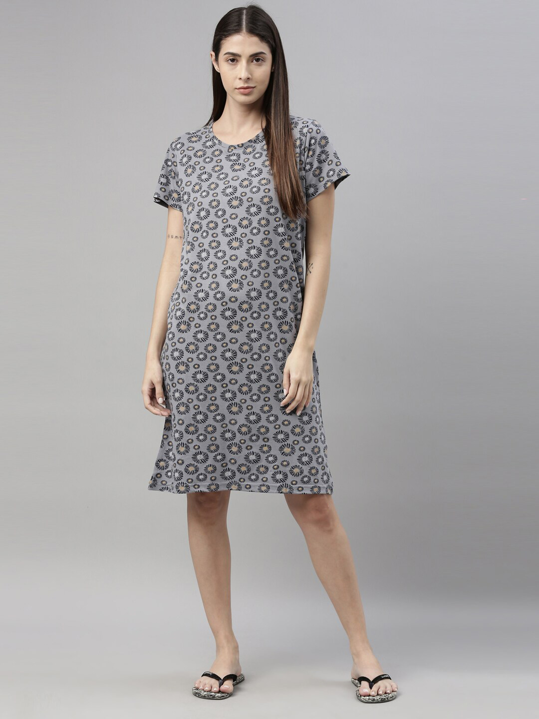 

Kryptic Grey Printed Cotton Nightdress