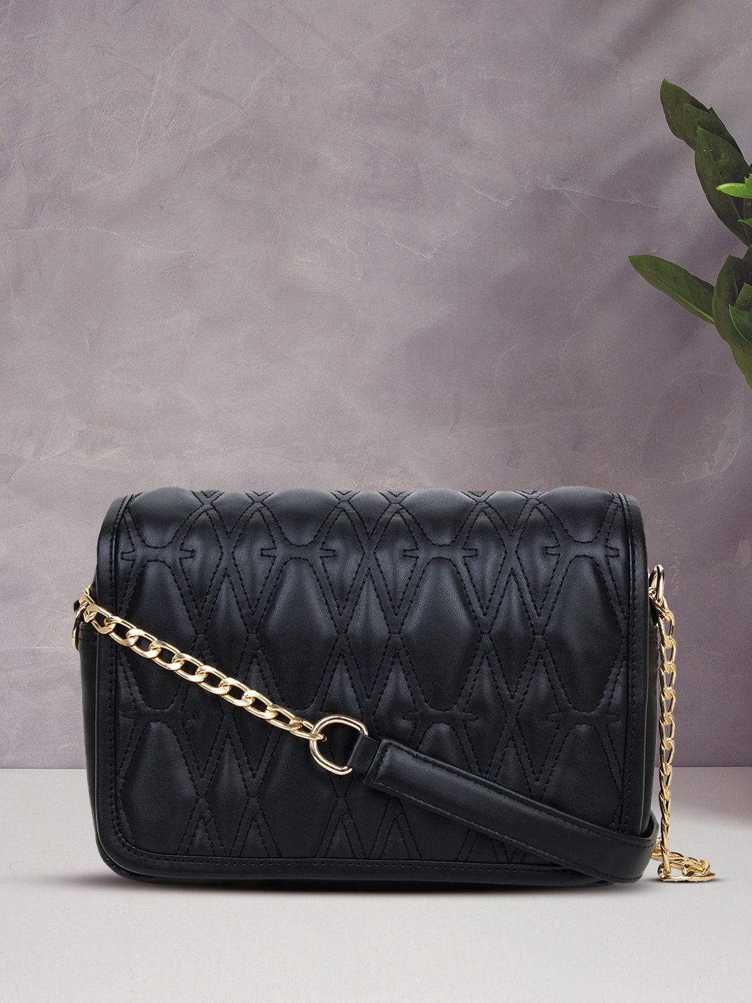 

yelloe Black Textured Structured Sling Bag