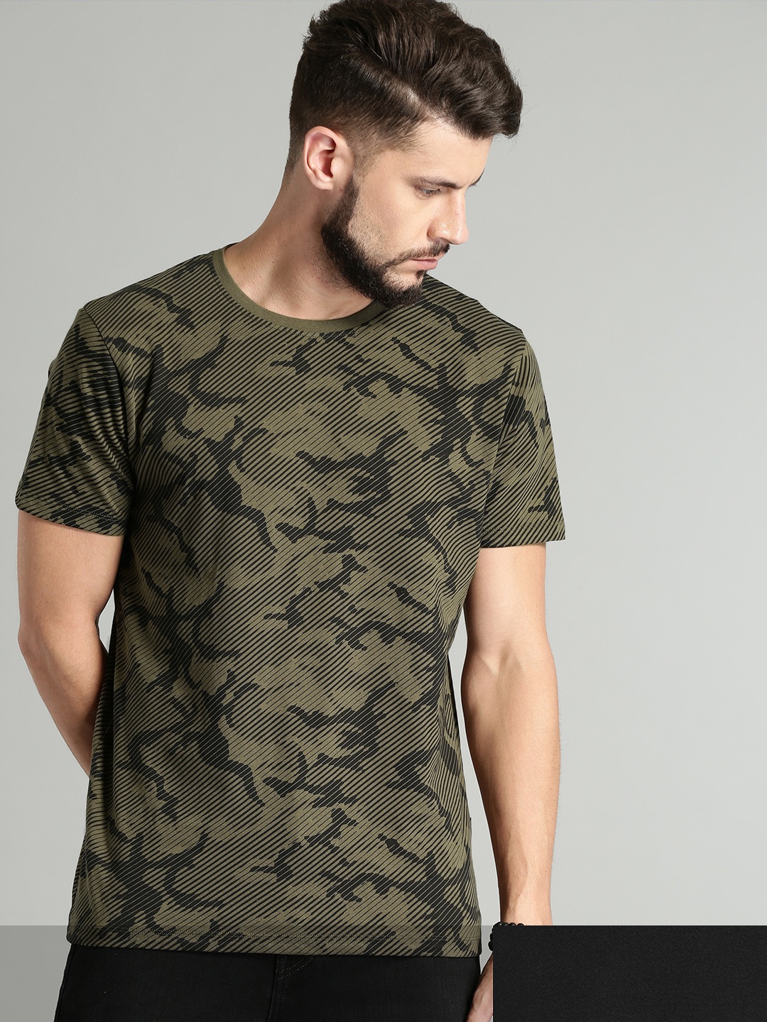 

Roadster Men Pack Of 2 Round-Neck Pure Cotton T-shirts, Olive