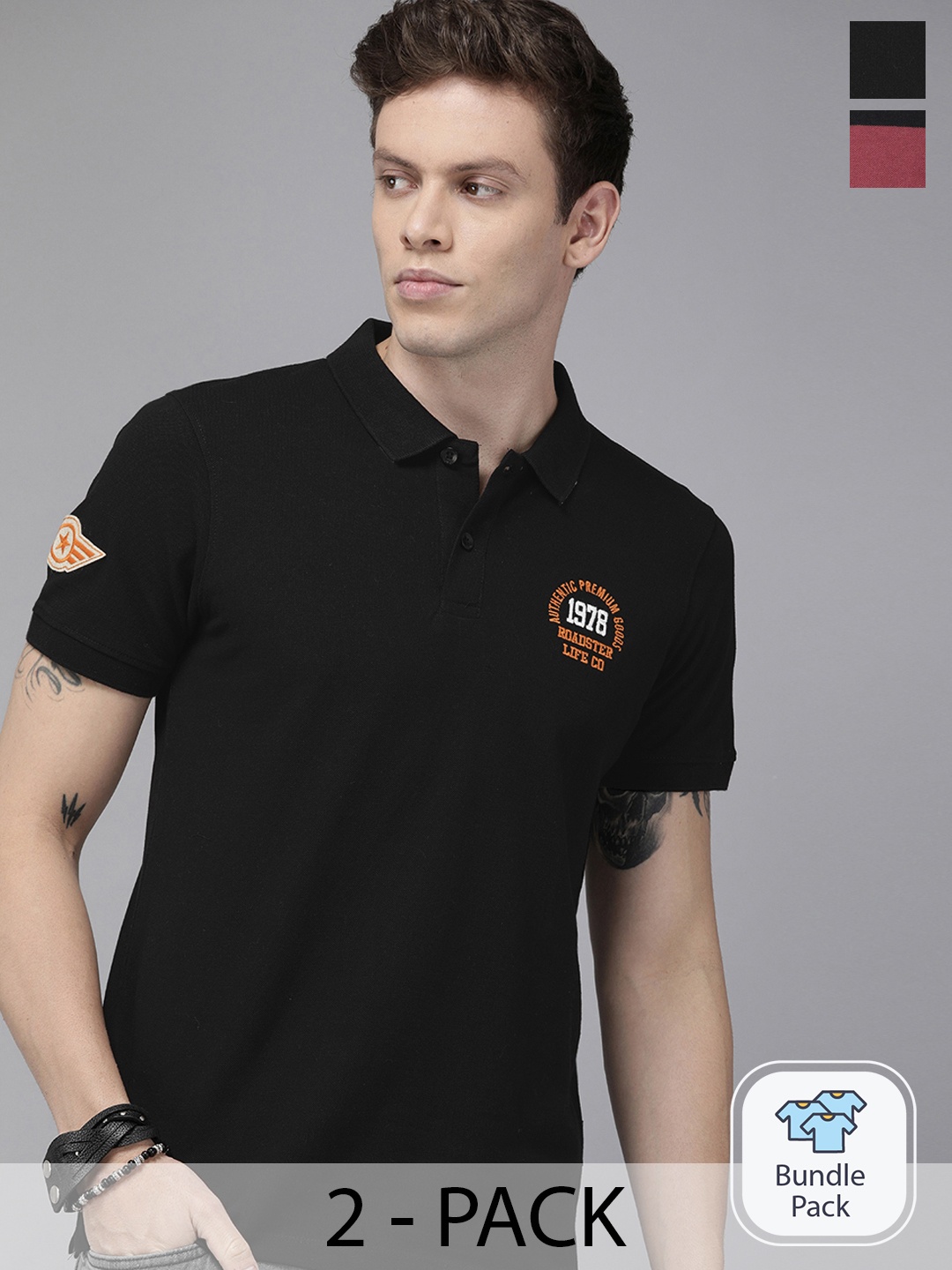

Roadster Men Pack Of 2 Polo Collar Pure Cotton T-shirts, Black