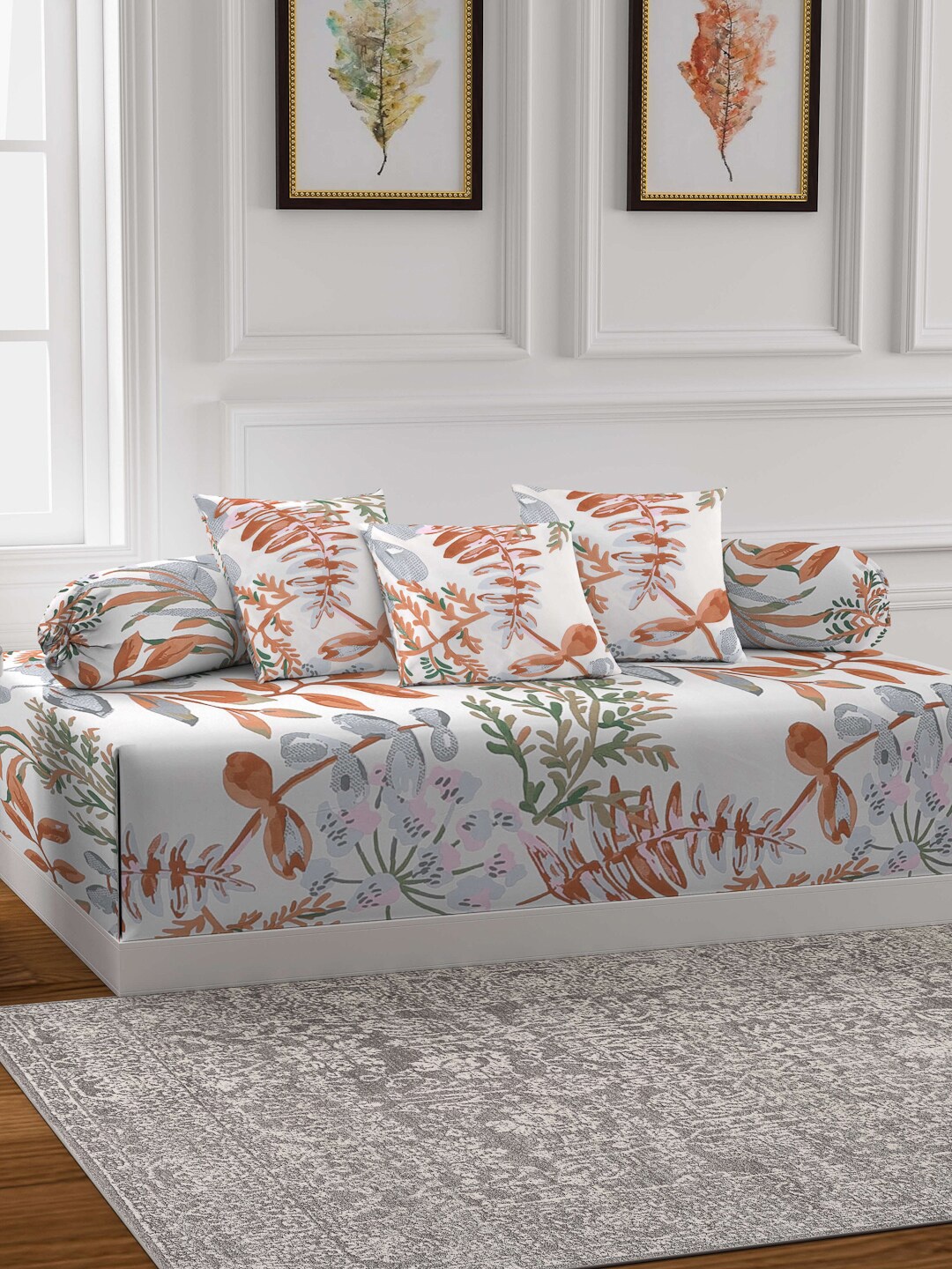 

Arrabi Set Of 6 White & Brown Printed Diwan Set