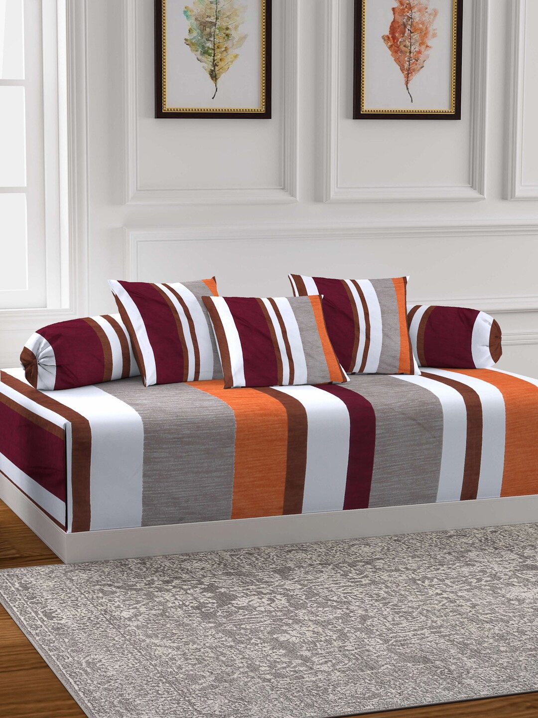 

Arrabi Set of 6 White & Orange Striped Cotton Diwan Set