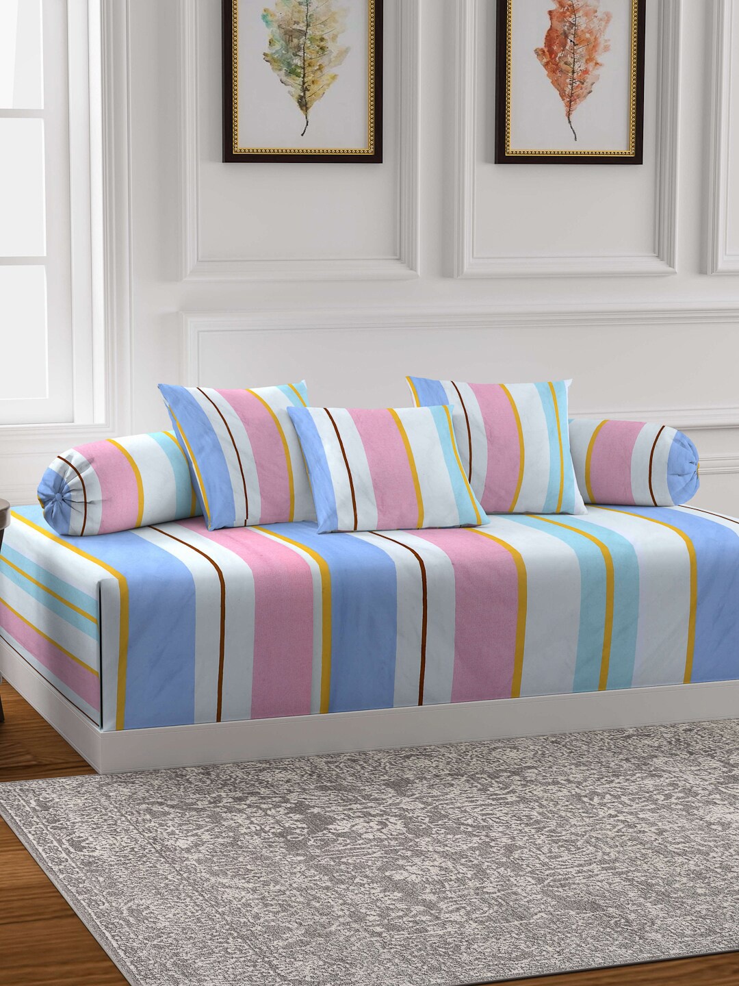 

Arrabi Set of 6 Blue & Pink Striped Diwan Set