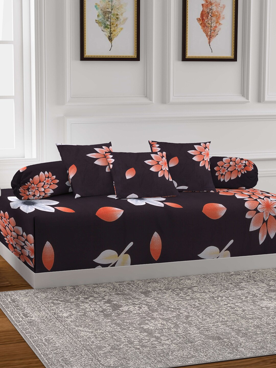 

Arrabi Set Of 6 Brown Floral Printed Diwan Set