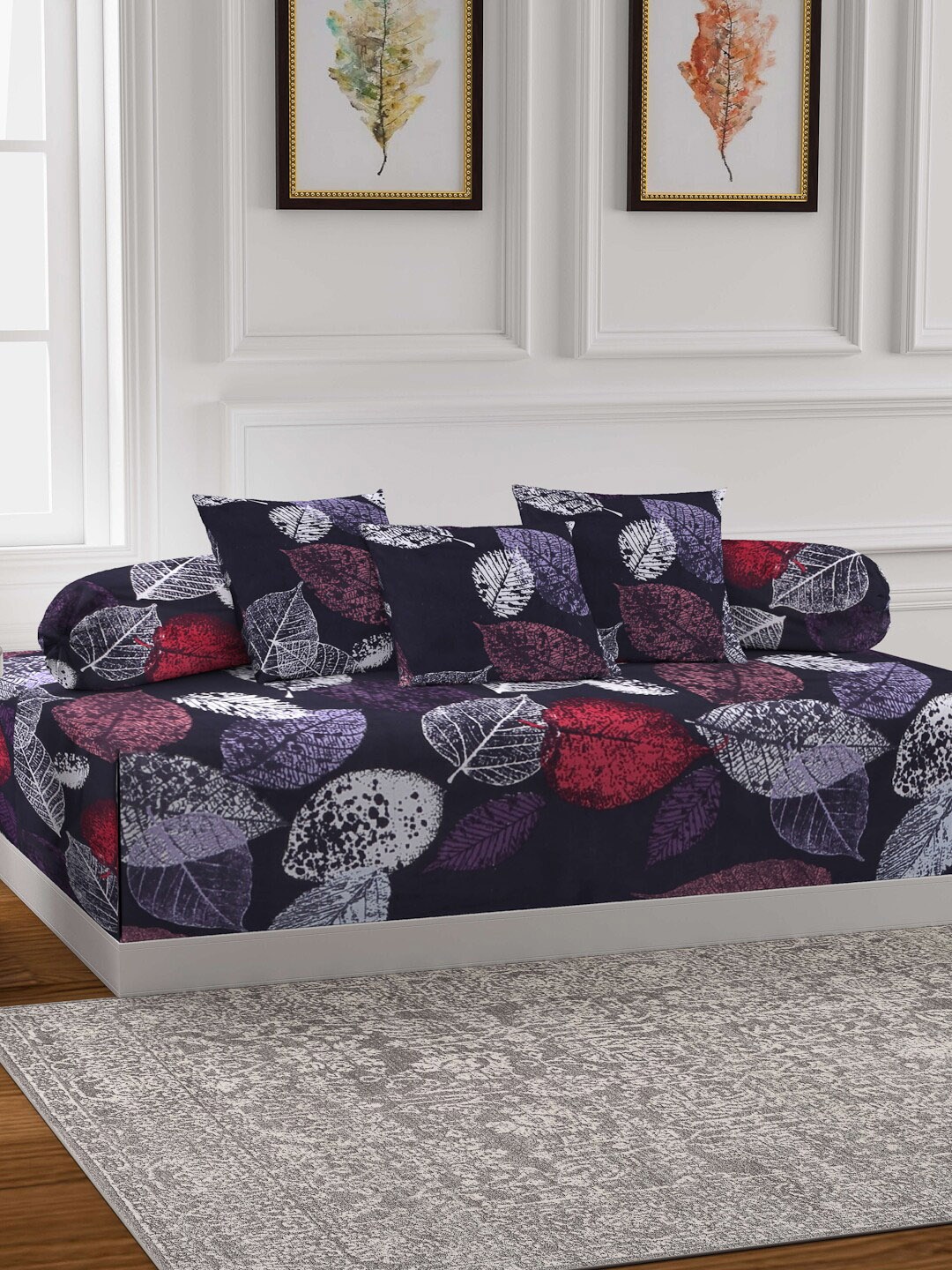 

Arrabi Set Of 6 Black & Blue Printed Diwan Set
