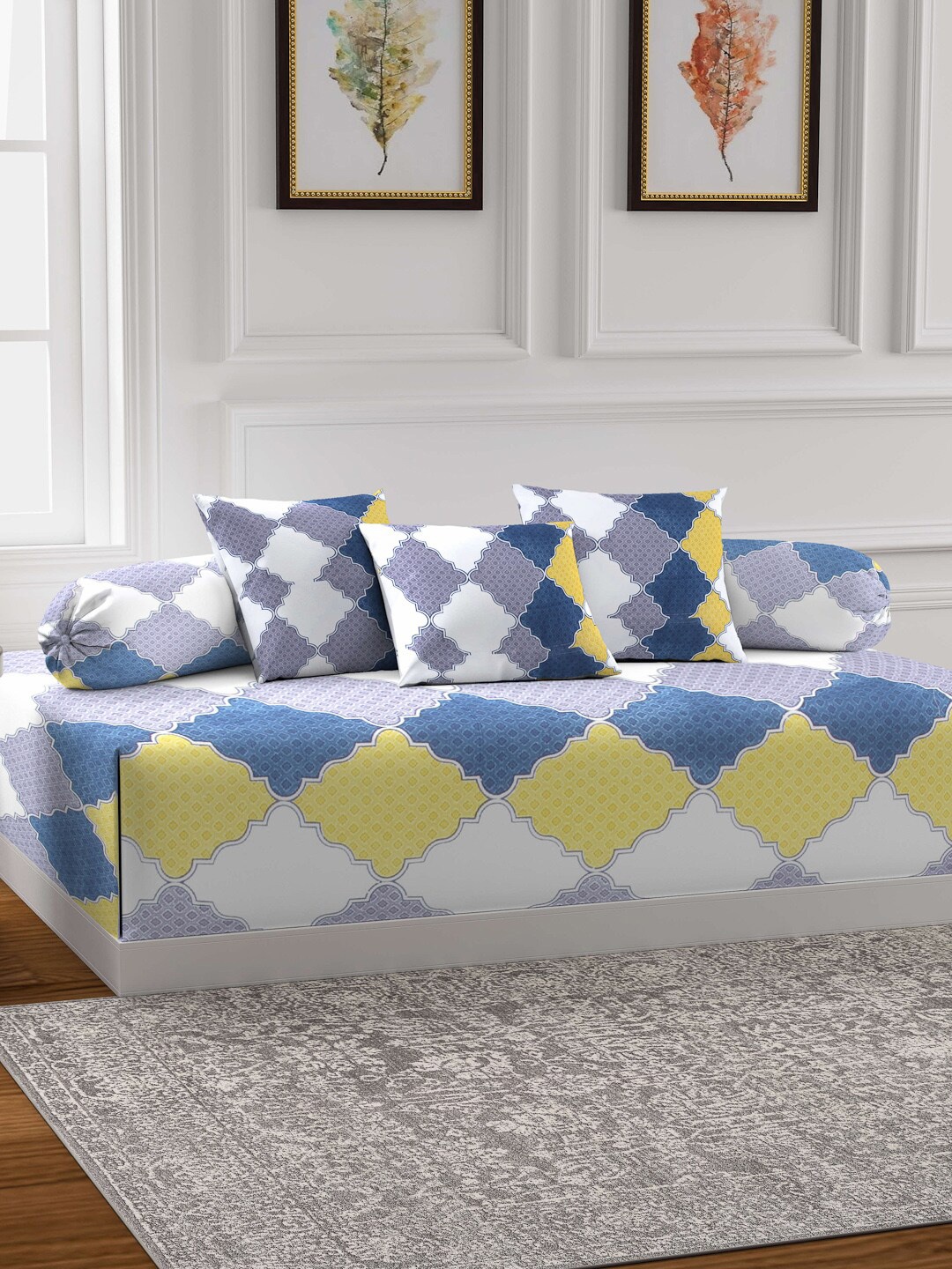 

Arrabi Set of 6 White & Grey Printed Diwan Set