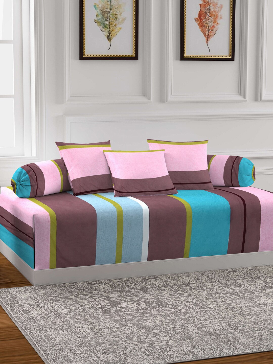 

Arrabi Set Of 6 Purple & Blue Striped Diwan Set
