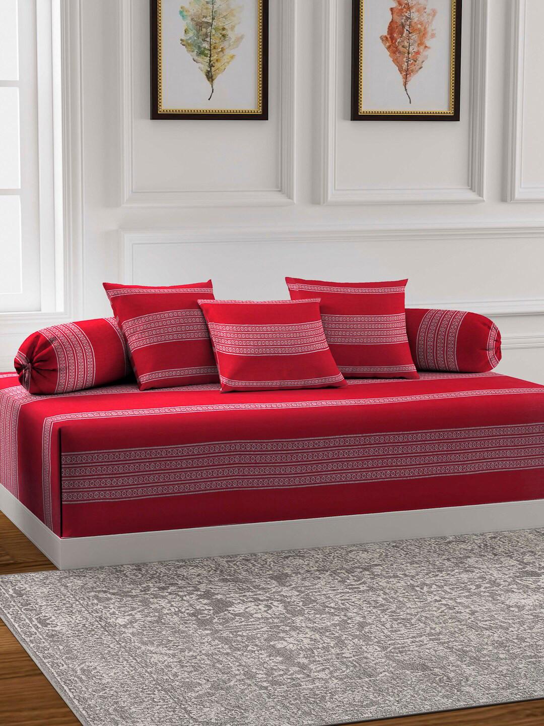

Arrabi Set Of 6 Red & White Striped Diwan Set
