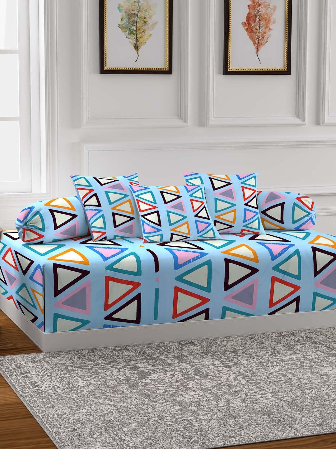 

Arrabi Set of 6 Blue & Pink Geometric Printed Diwan Set