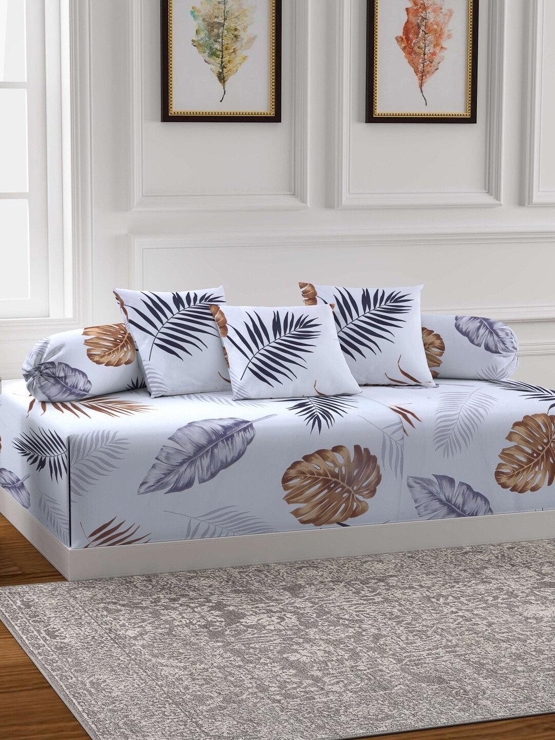 

Arrabi Set Of 6 Blue & Brown Printed Diwan Set