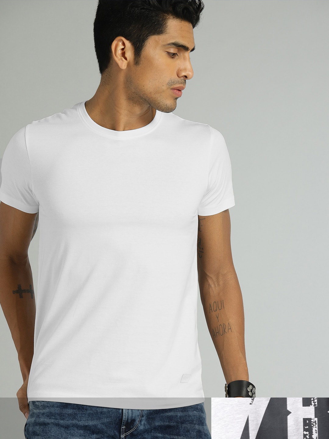 

Roadster Men Pack of 2 Grey Melange & White Pure Cotton Casual T-shirt