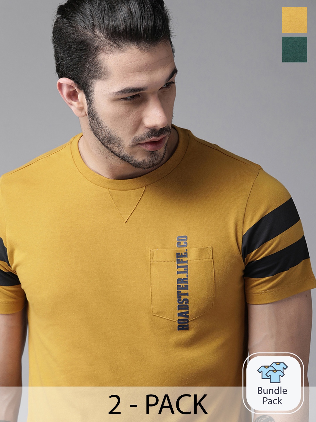 

Roadster Men Pack of 2 Mustard Yellow & Teal Green Solid Round Neck T-shirt