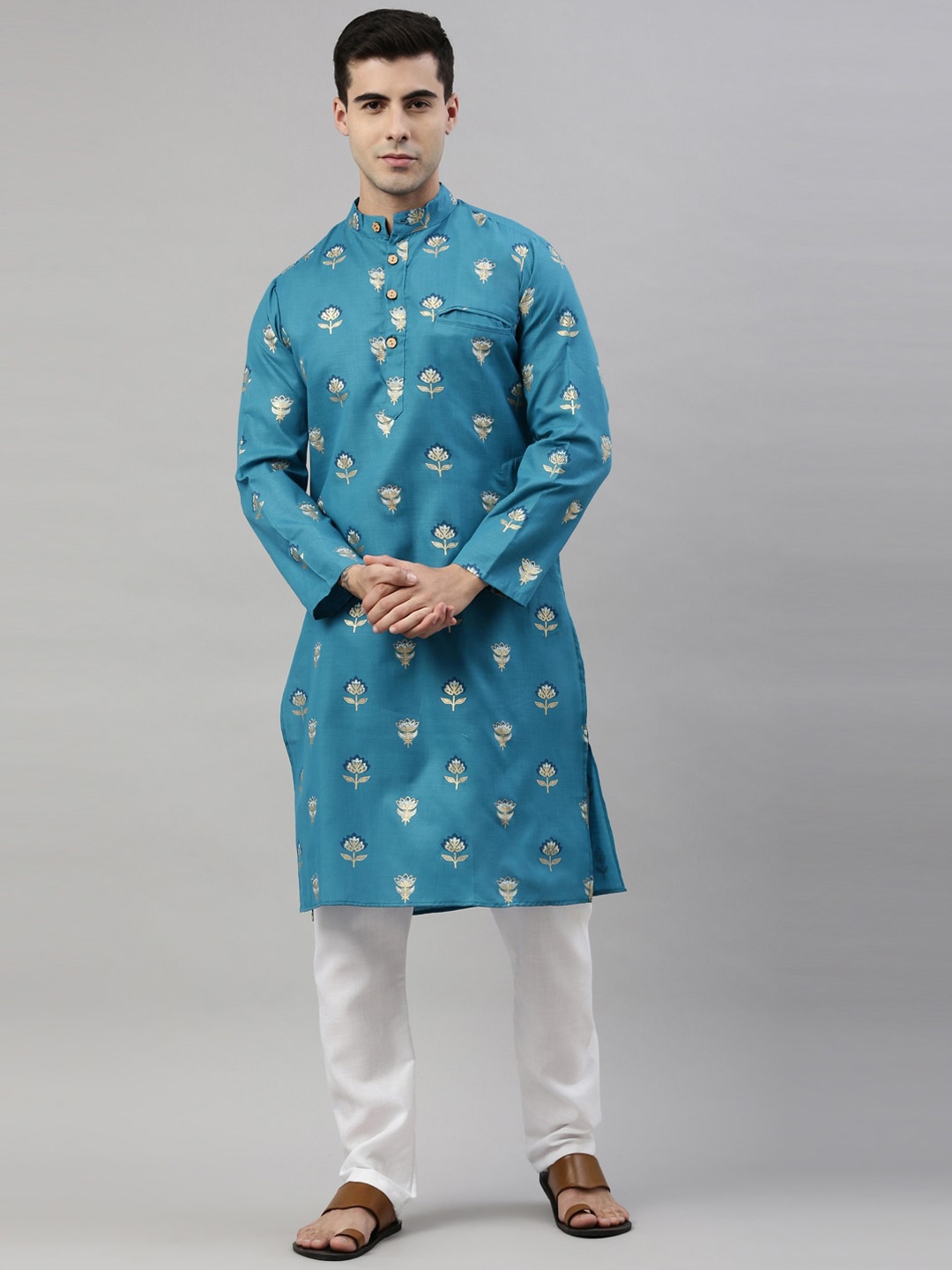 

ORUS Men Blue Ethnic Motifs Printed Cotton Blend Kurta Set