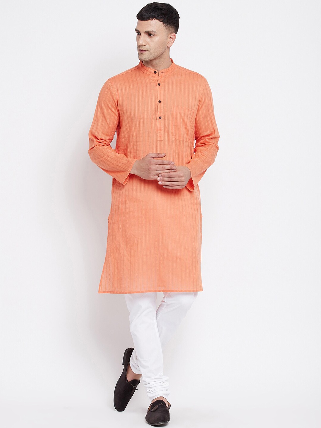 

even Men Orange Striped Dobby Pure Cotton Kurta