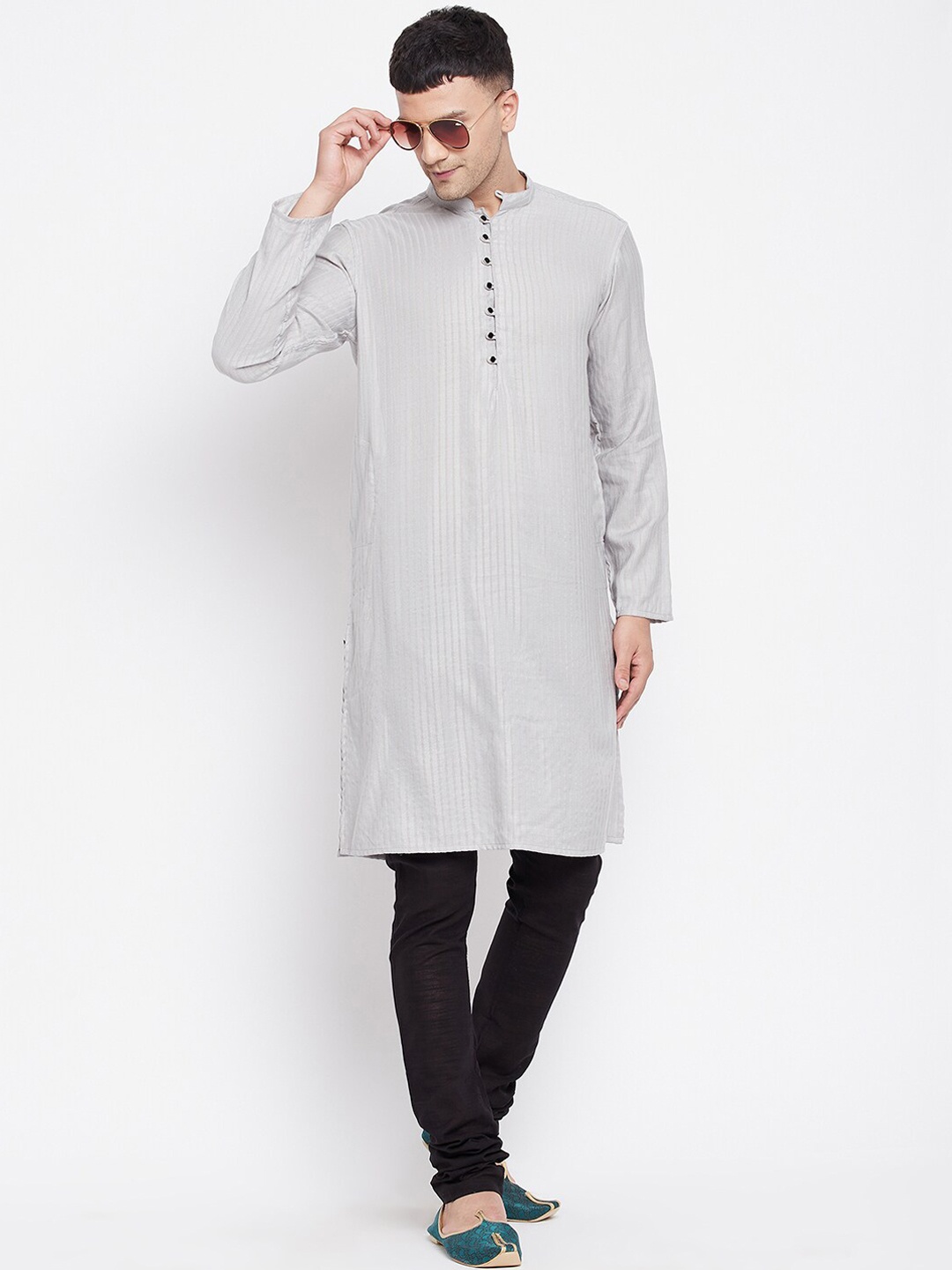 

even Men Grey Band Collar Straight Kurta