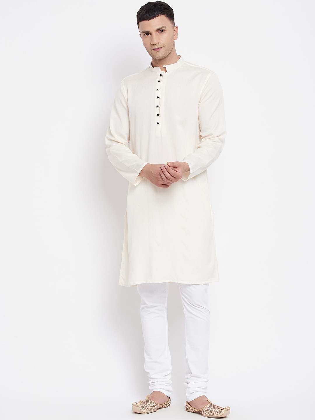 

even Men Cream-Coloured Solid Dobby Kurta