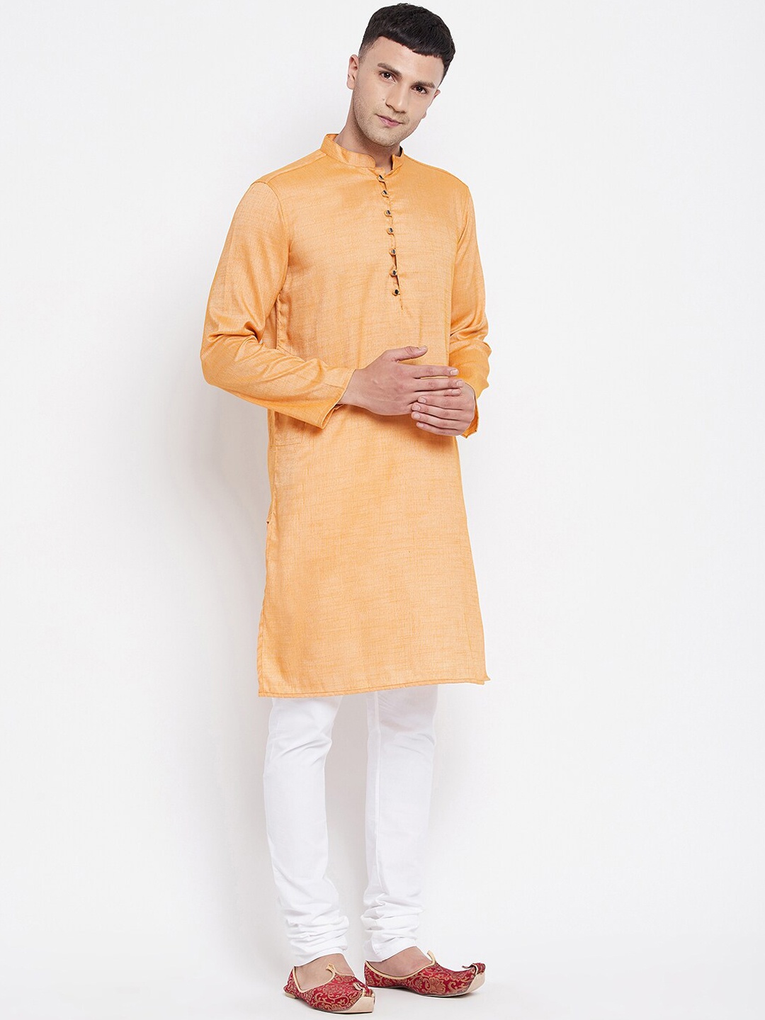 

even Men Yellow Solid Dobby Kurta
