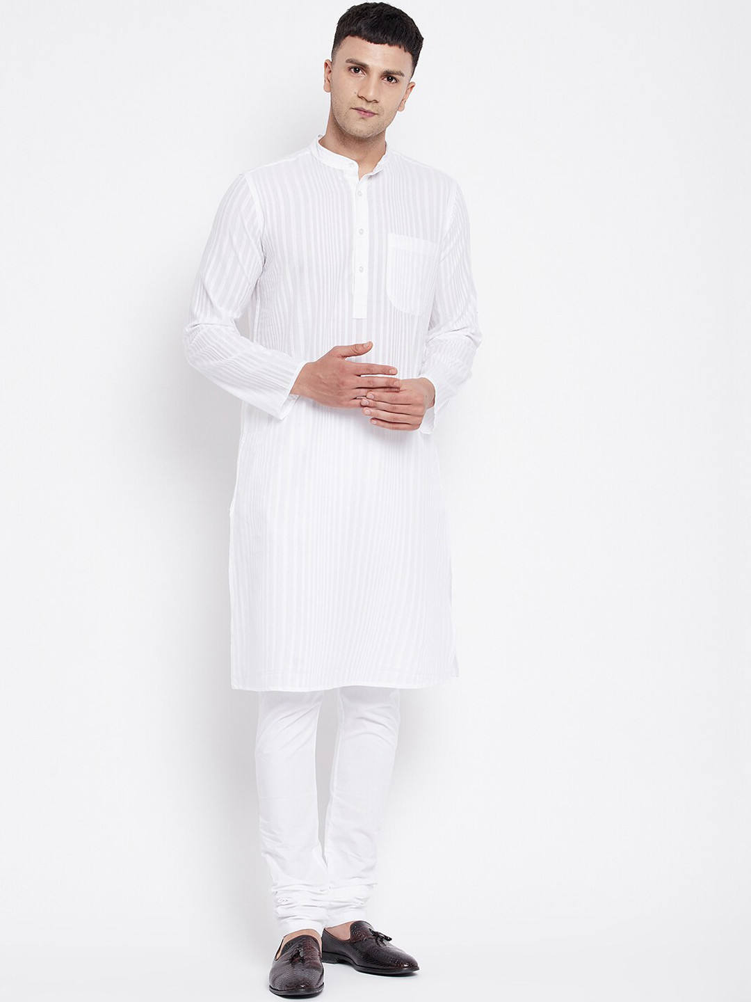

even Men White Striped Pure Cotton Kurta