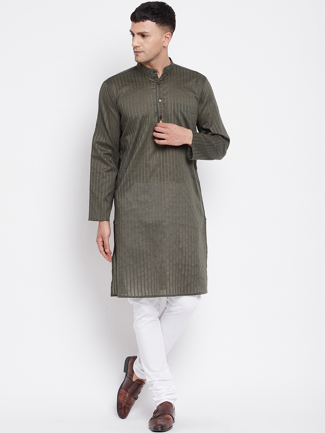 

even Men Green Striped Dobby Pure Cotton Kurta