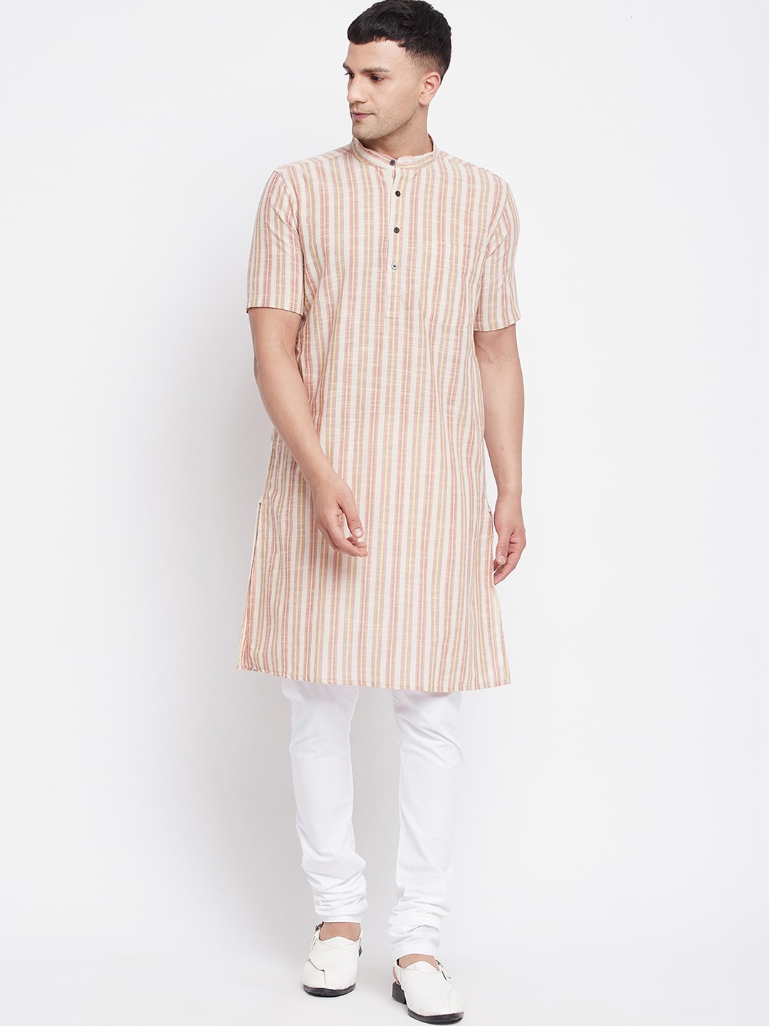 

even Men Yellow & Cream-Coloured Striped Pure Cotton Kurta