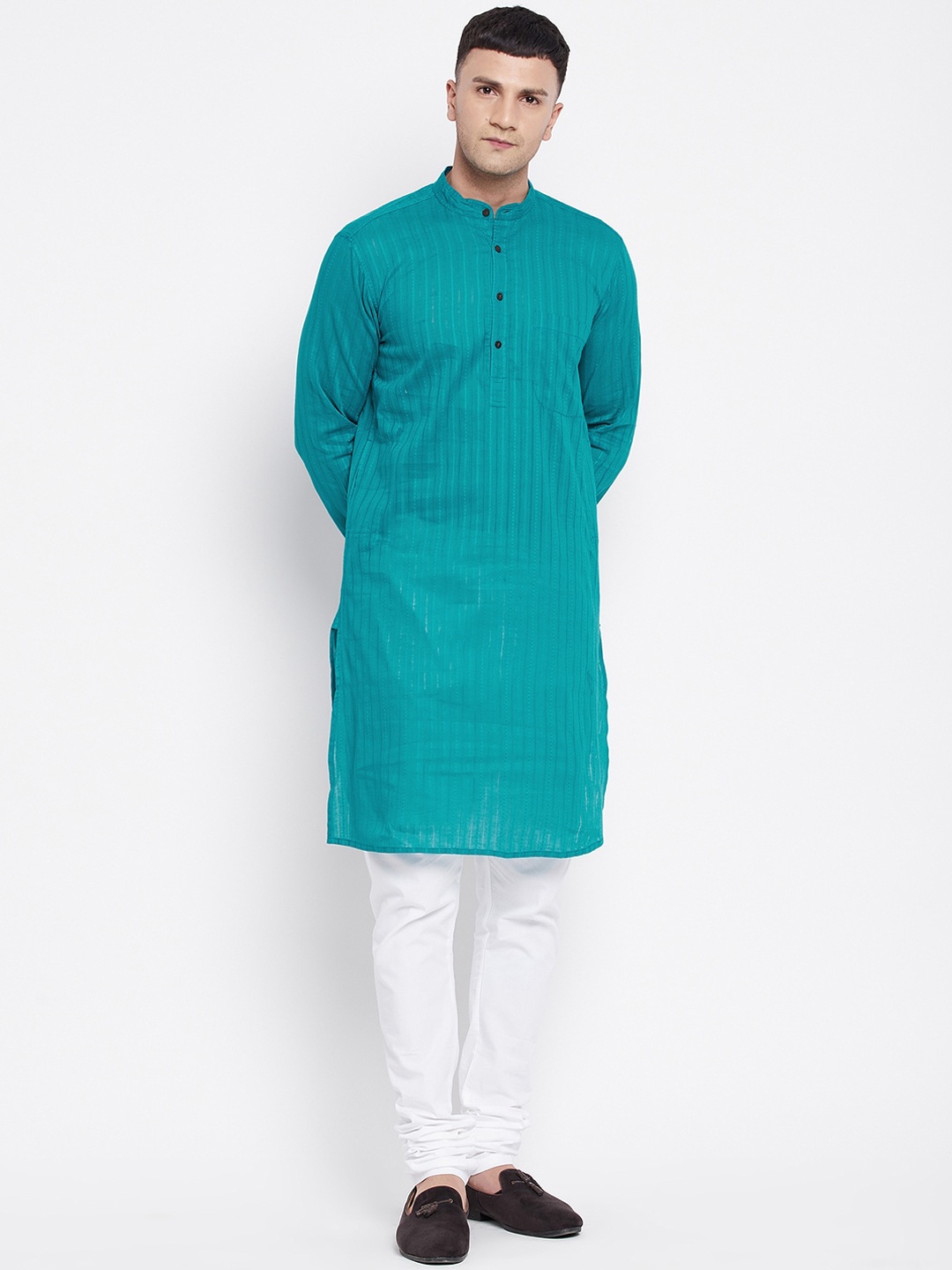 

even Men Green Striped Dobby Kurta