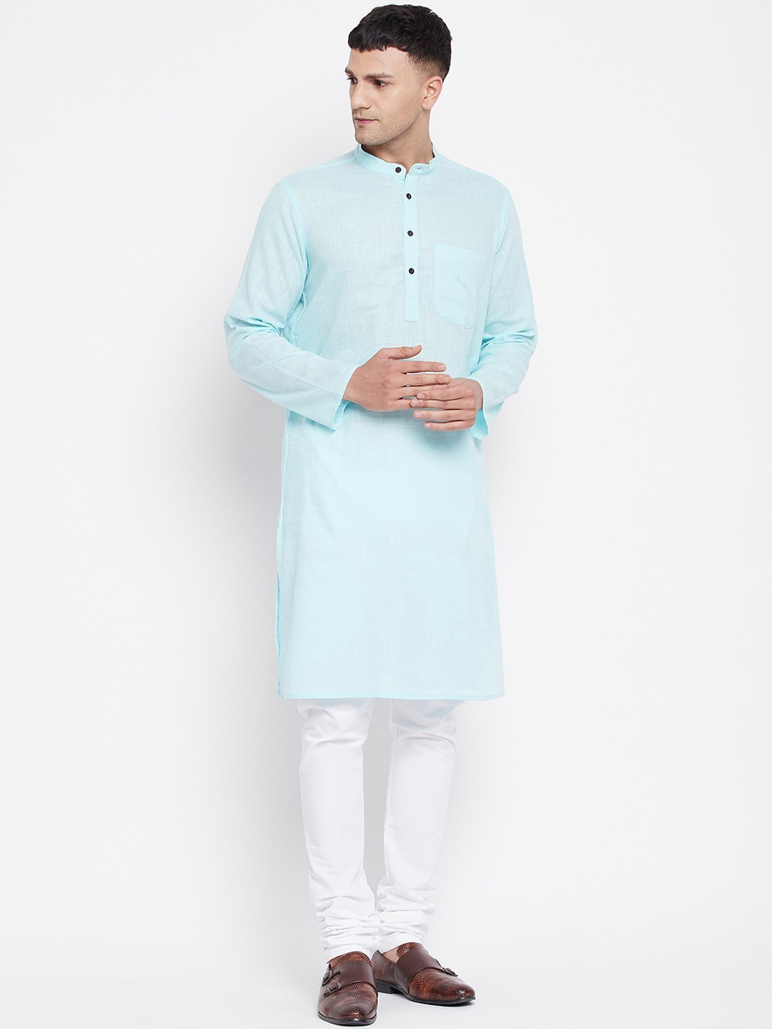 

even Men Turquoise Blue Dobby Pure Cotton Kurta