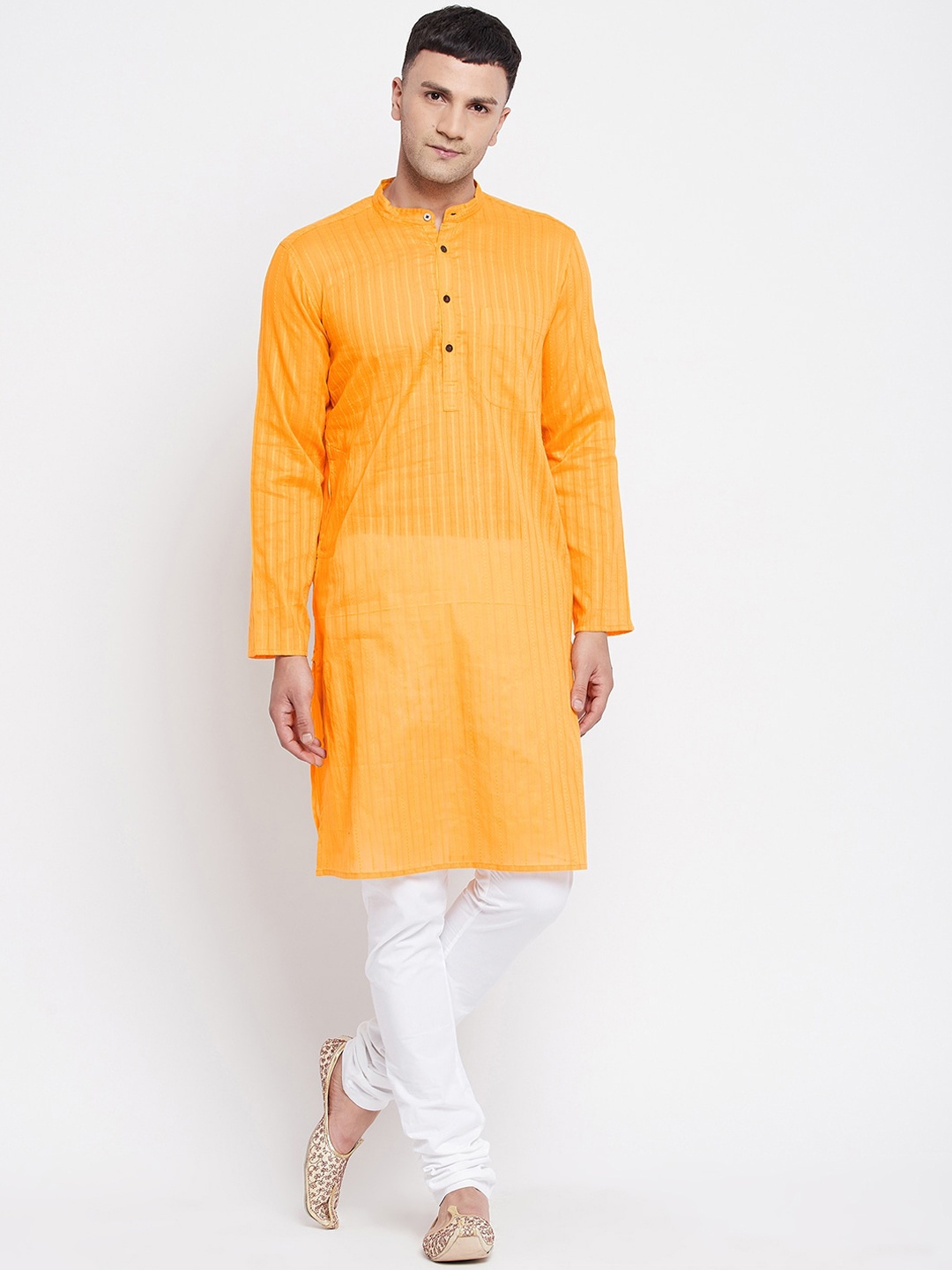 

even Men Yellow Striped Pure Cotton Kurta