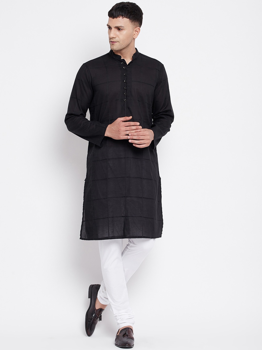 

even Men Black Solid Pure Cotton Kurta