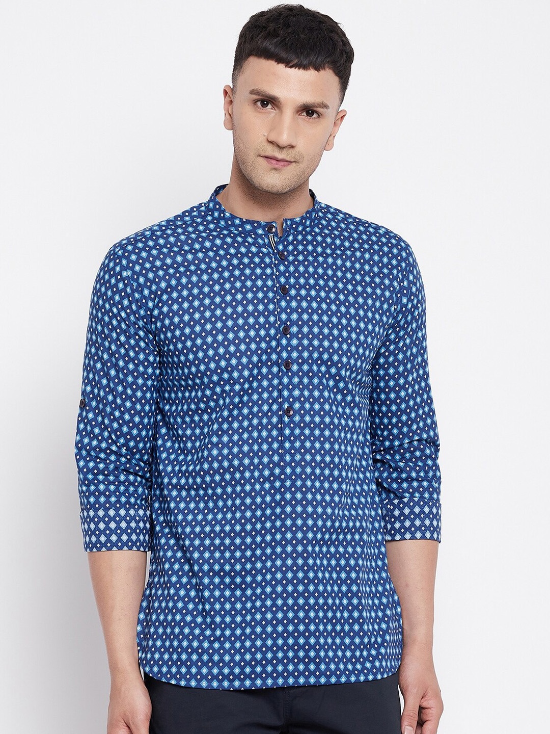 

even Men Blue Geometric Printed Pure Cotton Kurta