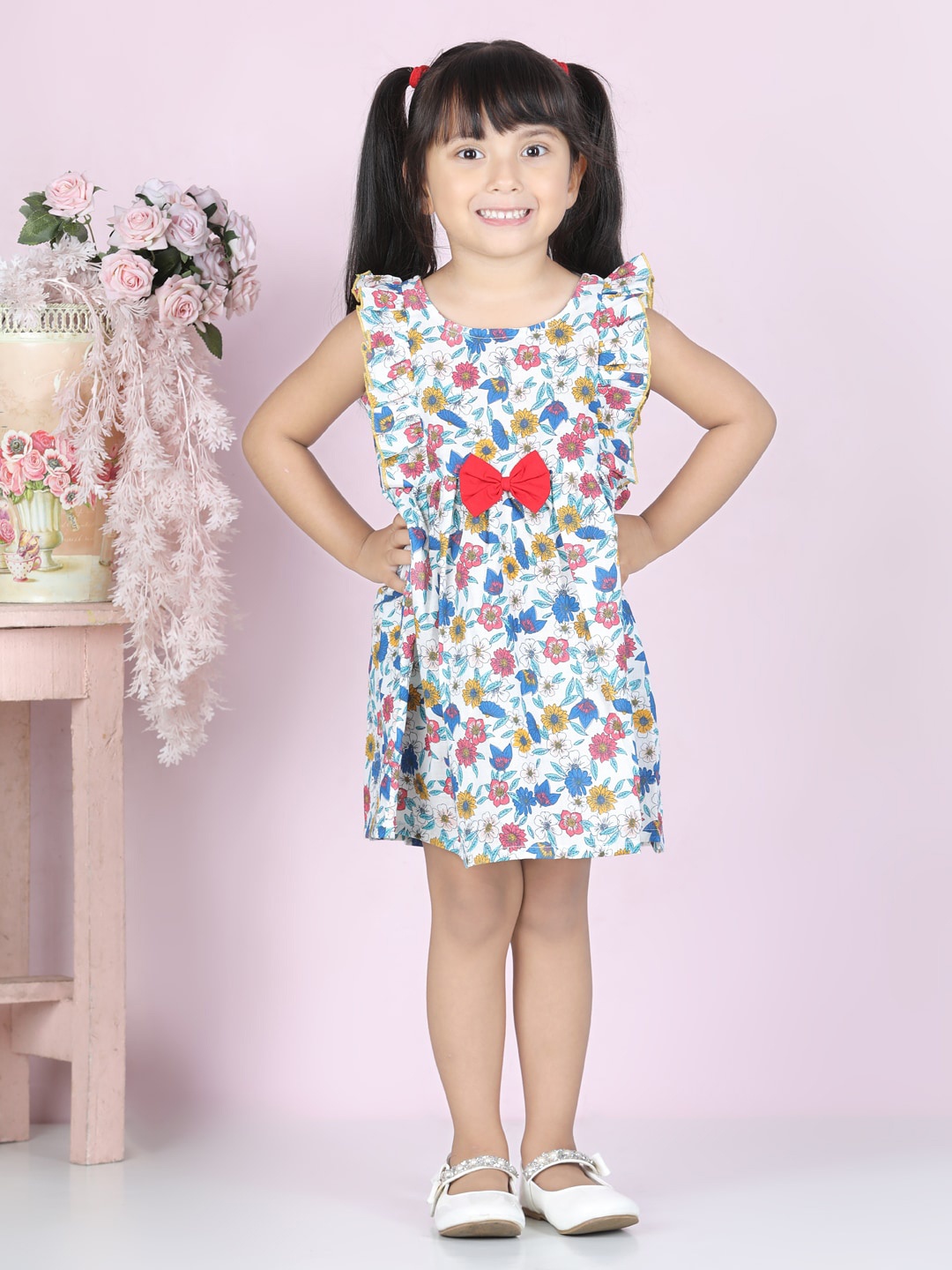 

Cutiekins Girls Blue & White Floral Printed A-Line Dress
