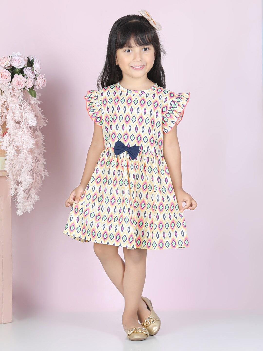 

Cutiekins Girls Yellow & Navy Blue Geometric Printed Dress