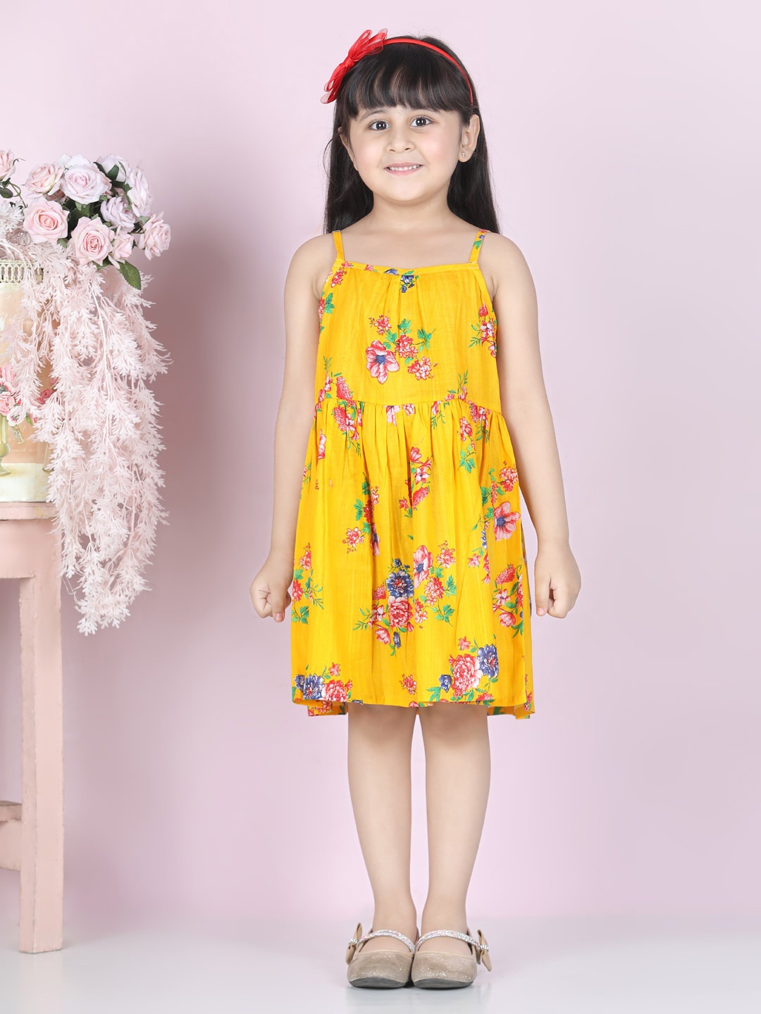 

Cutiekins Girls Mustard Yellow & Red Floral Printed Dress