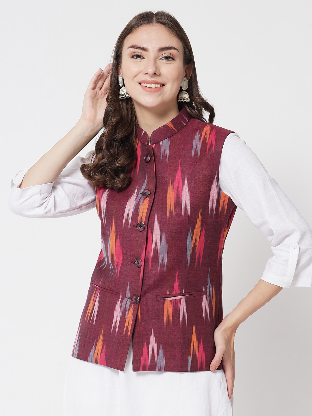 

Vastraa Fusion Women Pure Cotton Ikkat Printed Nehru Jacket, Purple
