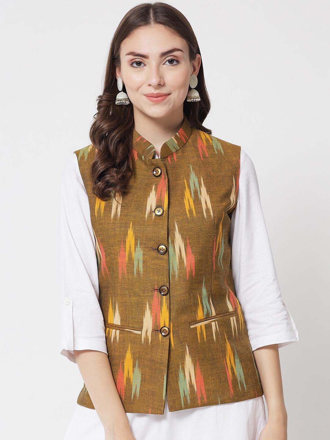 

Vastraa Fusion Women Pure Cotton Ikkat Printed Nehru Jacket, Green