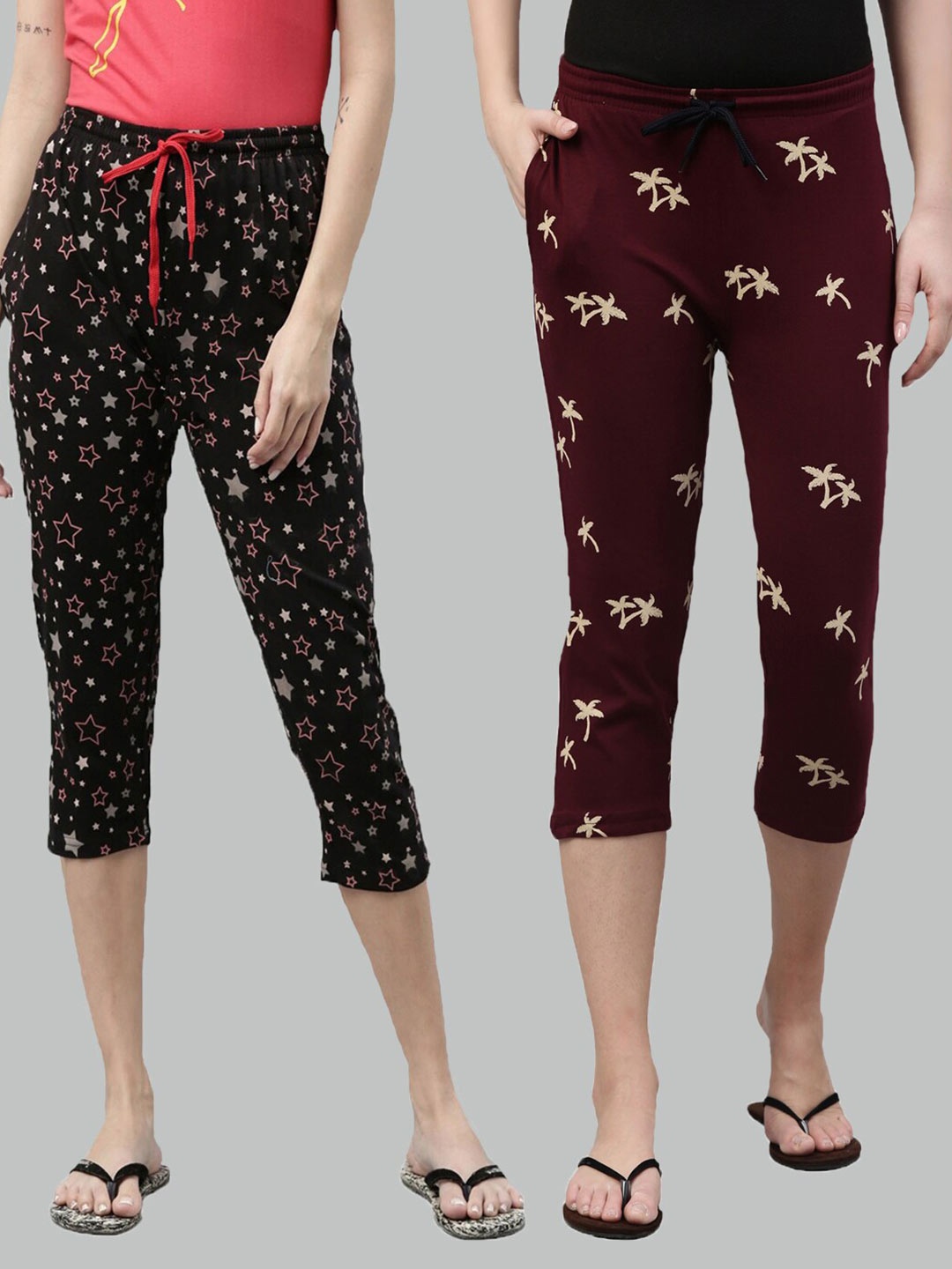 

Kryptic Women Pack Of 2 Pure Cotton Printed Lounge Capris, Black