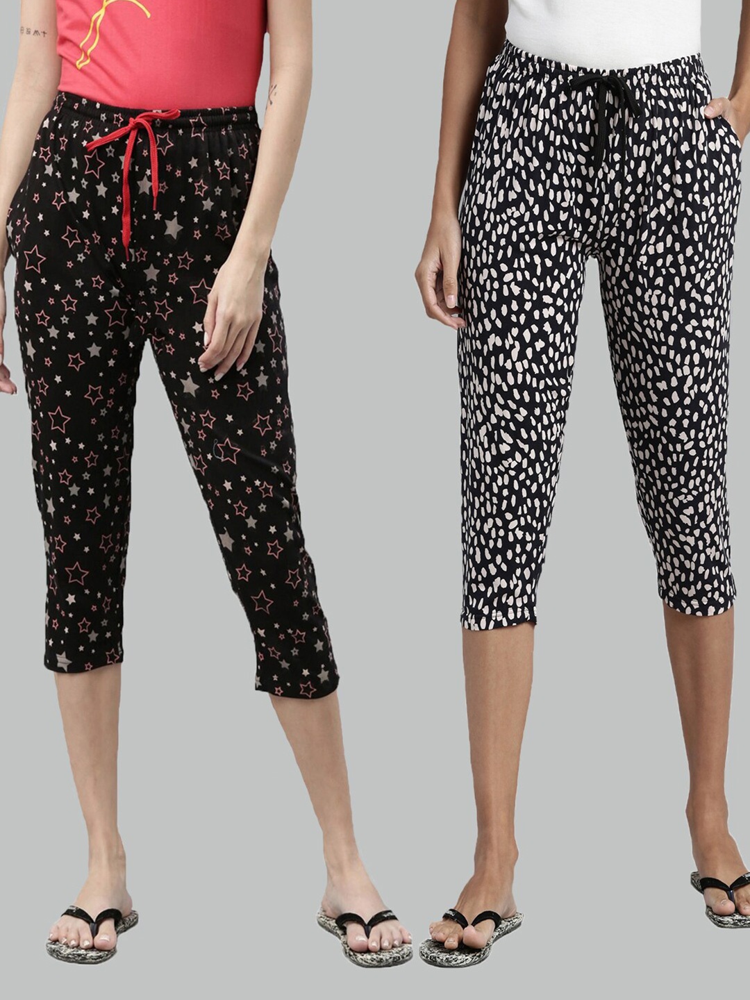 

Kryptic Women Pack of 2 Printed Cotton Capris, Black