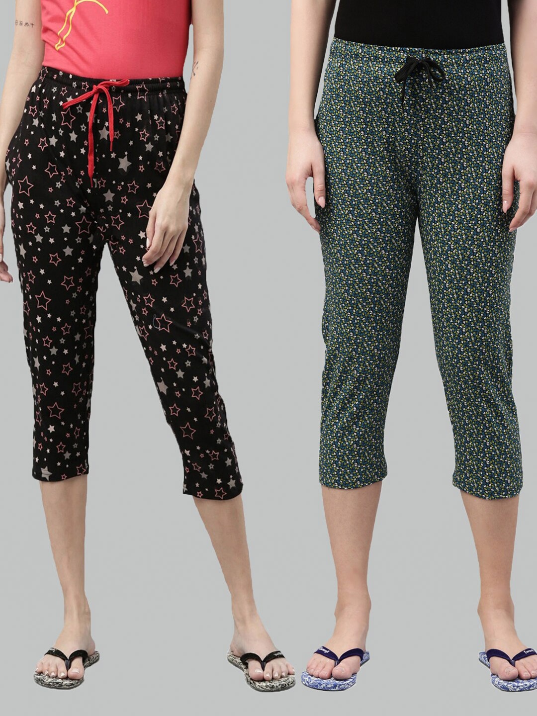 

Kryptic Women Set of 2 Black & Green Printed Pure Cotton Capris