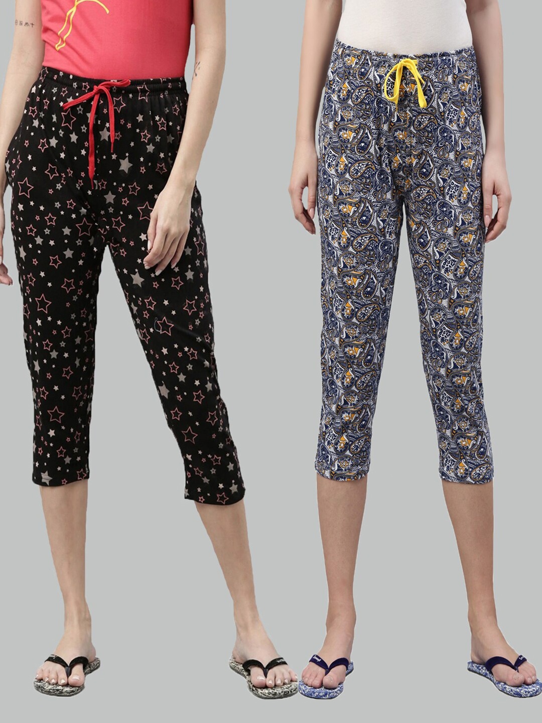 

Kryptic Pack of 2 Women Black & Blue Printed Cotton Capris