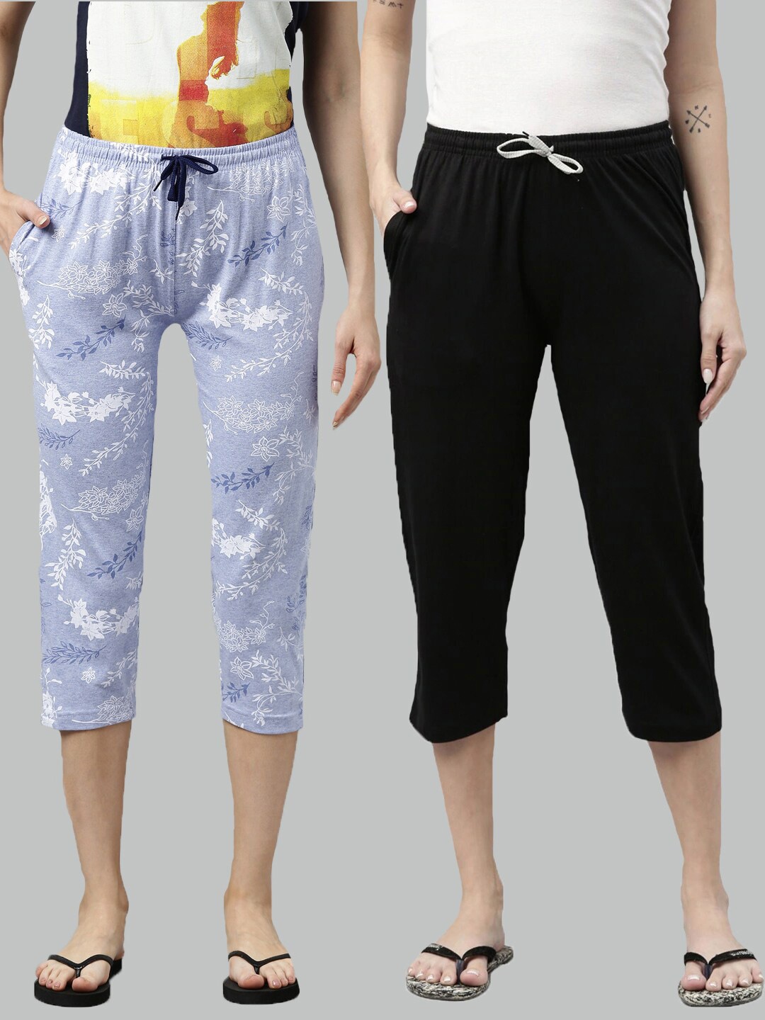 

Kryptic Women Set of 2 Blue & Black Printed Cotton Capris