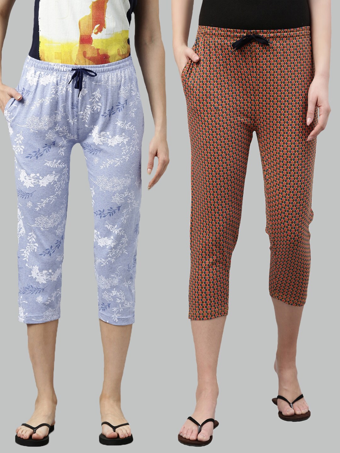 

Kryptic Women Pack Of 2 Blue & Yellow Pure Cotton Printed Capris