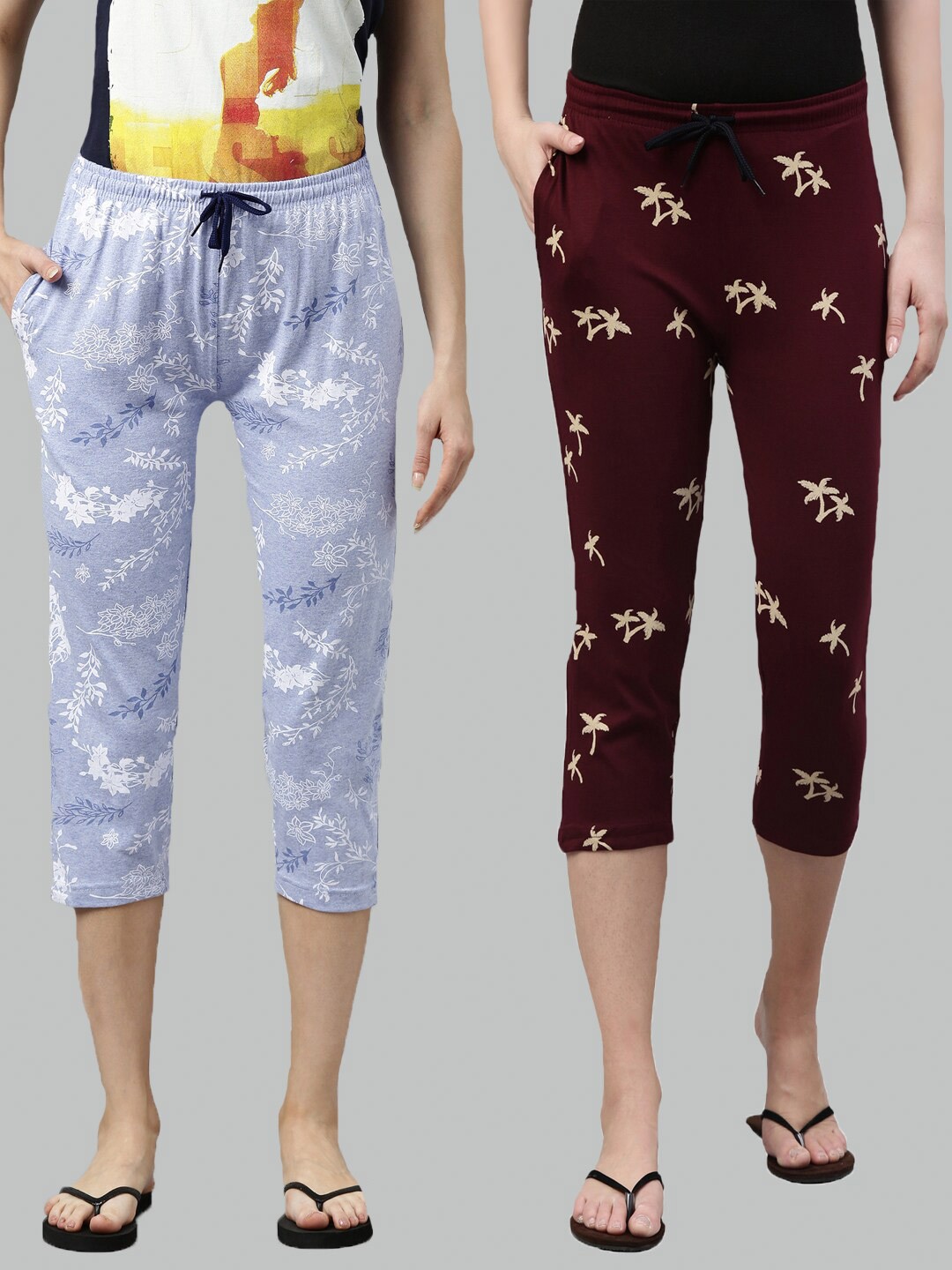 

Kryptic Women Set of 2 Blue & Maroon Printed Cotton Capris