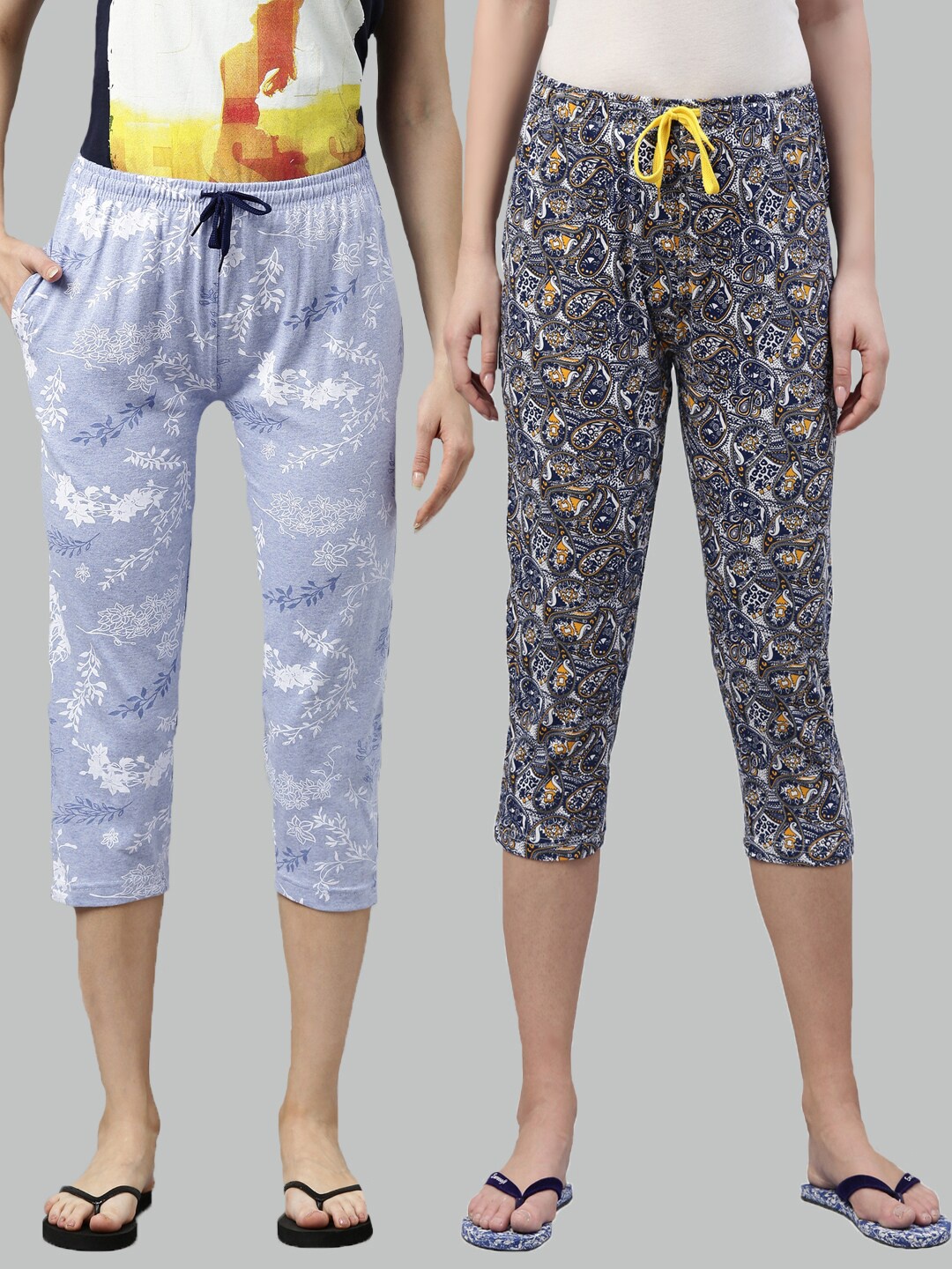 

Kryptic Women Set of 2 Blue & Black Printed Cotton Capris