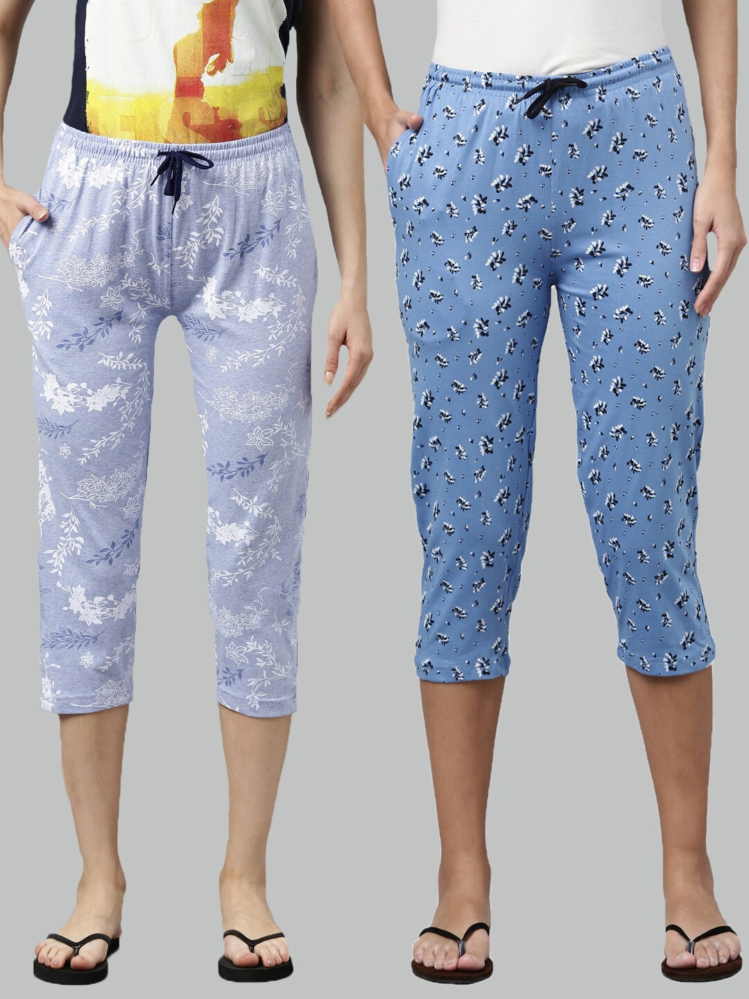 

Kryptic Women Set of 2 Blue & White Printed Cotton Capris