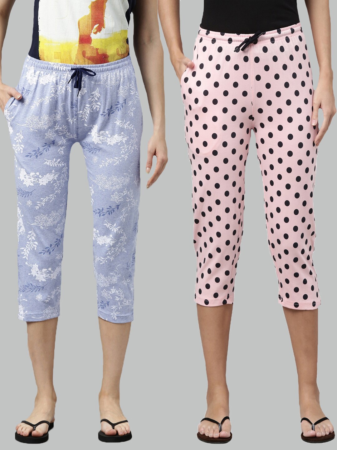 

Kryptic Women Set of 2 Blue & Pink Printed Pure Cotton Capris