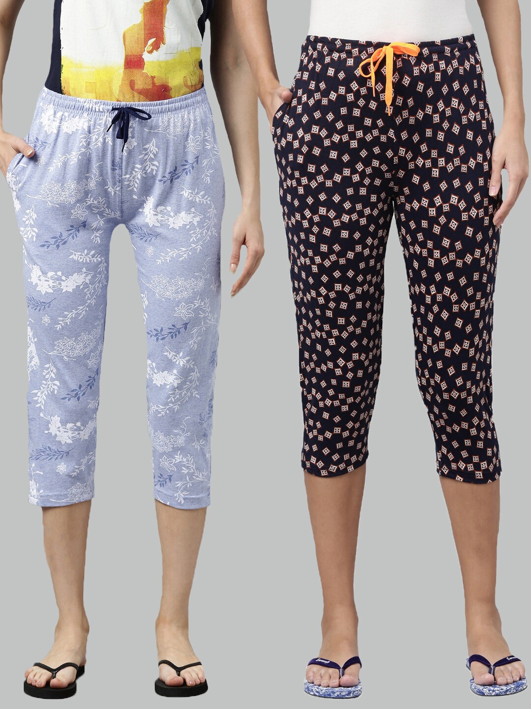 

Kryptic Women Pack Of 2 Blue & Navy Blue Pure Cotton Printed Capris