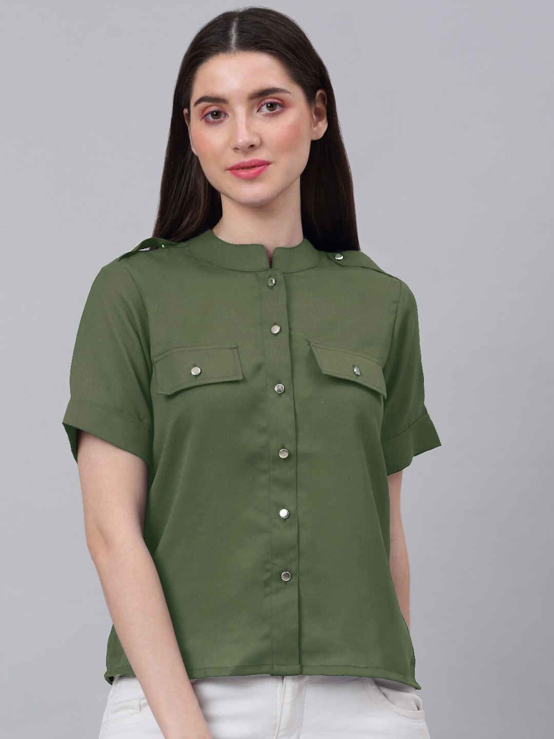 

NEUDIS Olive Green Solid Crepe Shirt Style Top